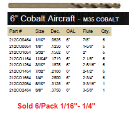 DRILL BIT AIRCRAFT COBALT 6" M35 GOLD FINISH 135° HEAVY DUTY