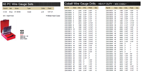 DRILL BIT SET WIRE GAUGE COBALT M35 135° 60 PIECE WITH METAL CASE