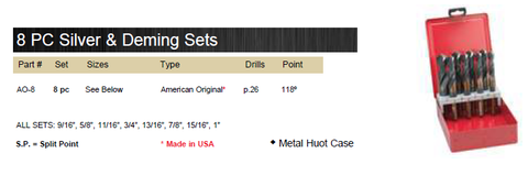 DRILL BIT 8 PIECE SET SILVER & DEMING AMERICAN ORIGINAL 118° WITH 1/2" SHANK 8 PIECE WITH METAL CASE