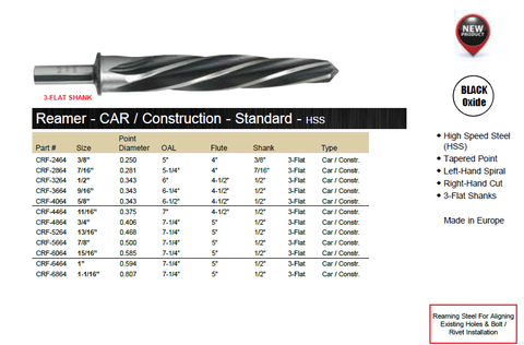 REAMER 3 FLAT SHANK CONSTRUCTION HIGH SPEED STEEL