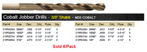 DRILL BIT COBALT M35 GOLD FINISH 135° HEAVY DUTY 3/8" SHANK