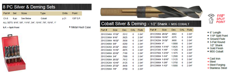 DRILL BIT 8 PIECE SET SILVER & DEMING COBALT M35 135° WITH 1/2" SHANK WITH METAL CASE