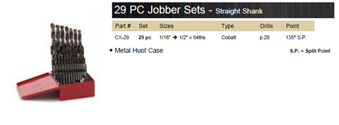 DRILL BIT 29 PIECE SET JOBBER COBALT M35 135° WITH METAL CASE
