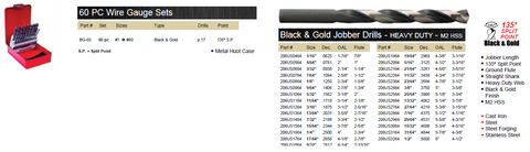DRILL BIT 60 PIECE SET WIRE GAUGE BLACK & GOLD 135° WITH METAL CASE